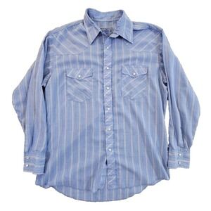 American Hero Mens Blue Plaid‎ Pearl Snap Western Shirt Long Sleeve EUC Size Lrg